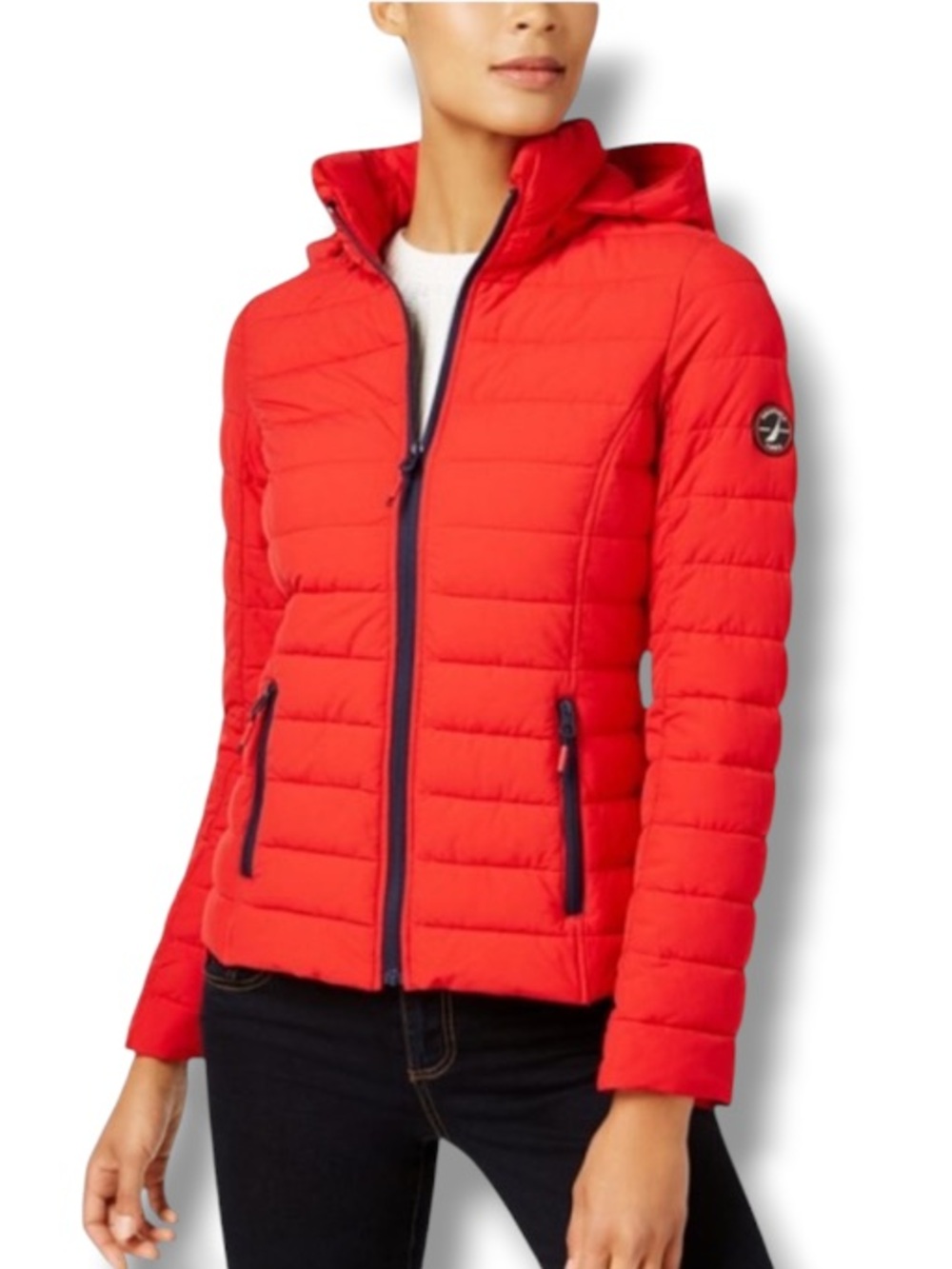 Nautica Women’s Red Funnel Neck Packable Puffer Jacket Coat Lightweight Quilted